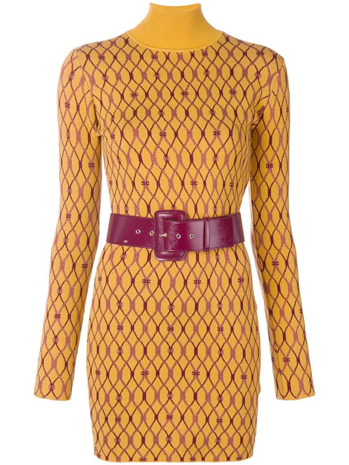 Elisabetta Franchi Belted Turtle Neck Dress - Yellow & Orange