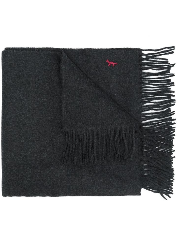 Maison Kitsuné Embroidered Logo Scarf, Women's, Grey, Virgin Wool
