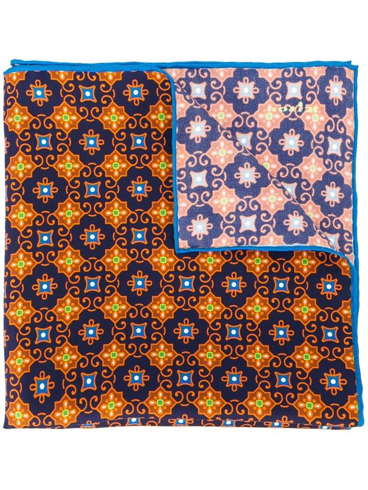 Kiton Arabesque Print Pocket Square, Men's, Blue, Silk