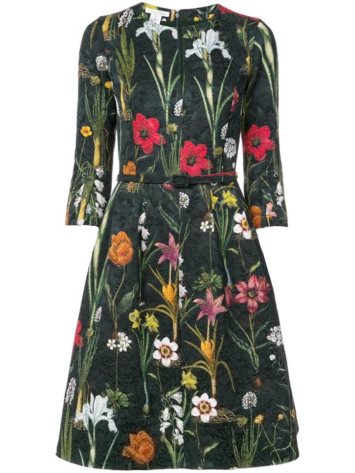 Oscar De La Renta Embroidered Floral Dress - Green