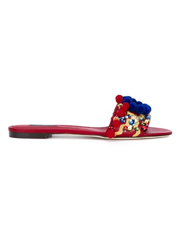 Dolce & Gabbana Pompom Embellished Leather Slides