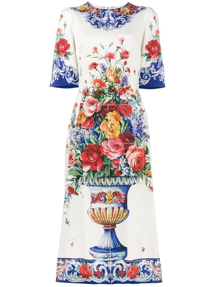Dolce & Gabbana Majolica Print Midi Dress - White