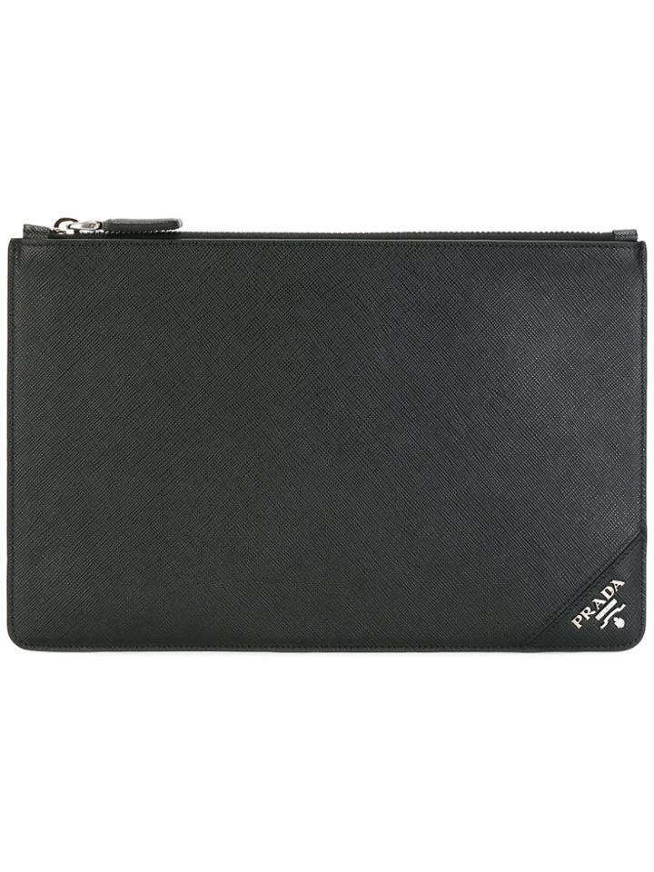 Prada Logo Embossed Classic Clutch - Black