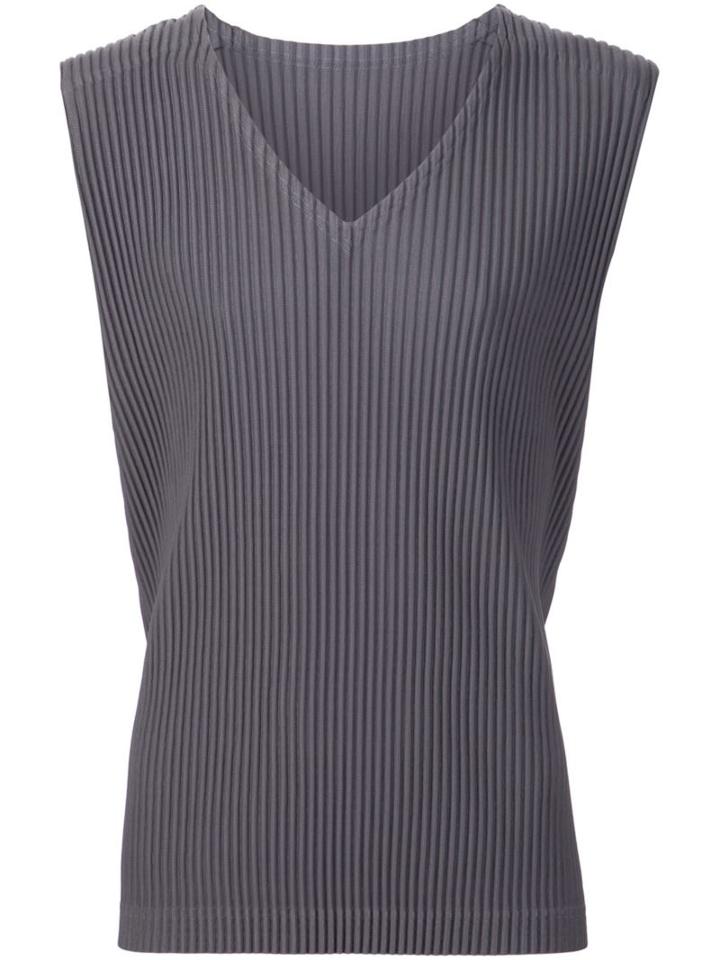 Homme Plissé Issey Miyake Pleated V-neck Tank, Men's, Size: 3, Grey, Polyester