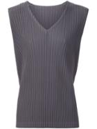 Homme Plissé Issey Miyake Pleated V-neck Tank, Men's, Size: 3, Grey, Polyester