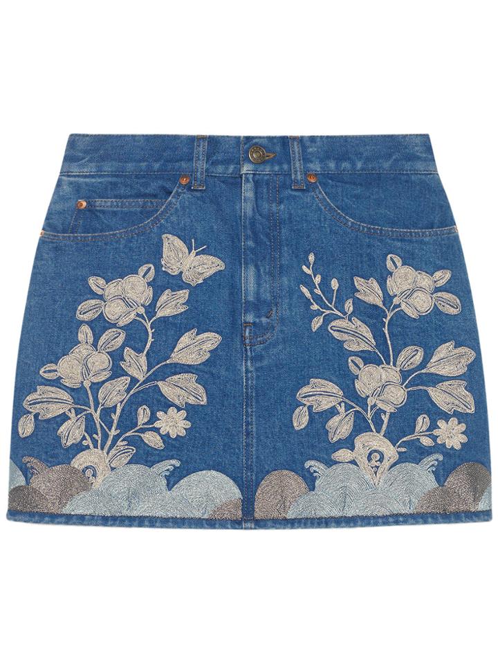 Gucci Embroidered Denim Mini Skirt - Blue