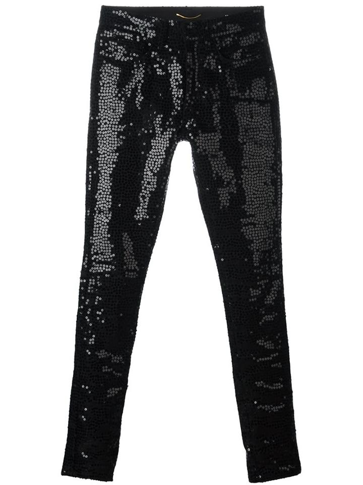Saint Laurent Sequin Embellished Skinny Jeans, Women's, Size: 25, Black, Cotton/polyester/spandex/elastane