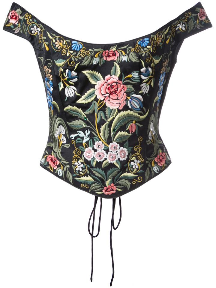 Eavis & Brown - Off Shoulder Embroidered Corset - Women - Silk - L, Women's, Black, Silk