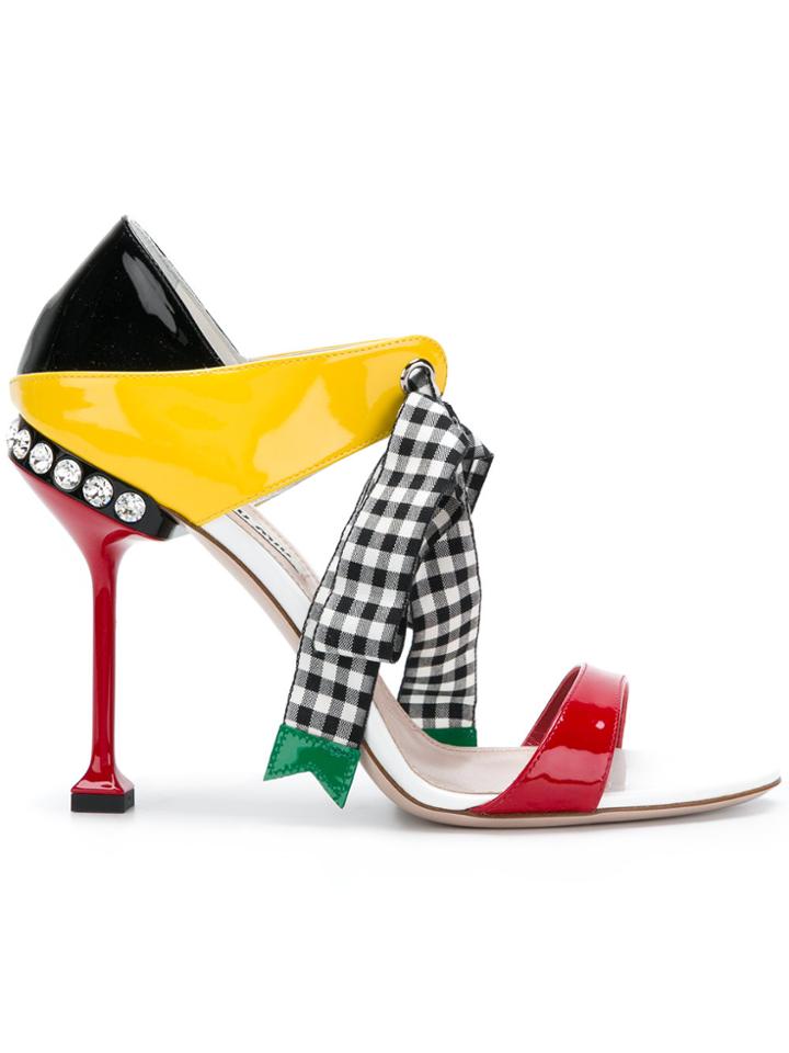 Miu Miu Studded Gingham Bow Sandals - Multicolour