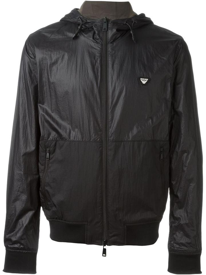 Armani Jeans Hooded Windbreaker, Men's, Size: 58, Black, Polyamide/cotton/polyester/spandex/elastane