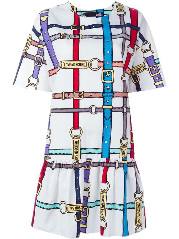 Love Moschino Buckle Print Dress, Women's, Size: 40, White, Cotton