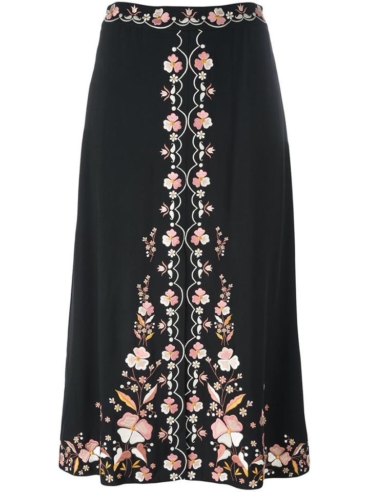 Vilshenko Floral Embroidered Skirt, Women's, Size: 6, Black, Viscose/acetate/silk