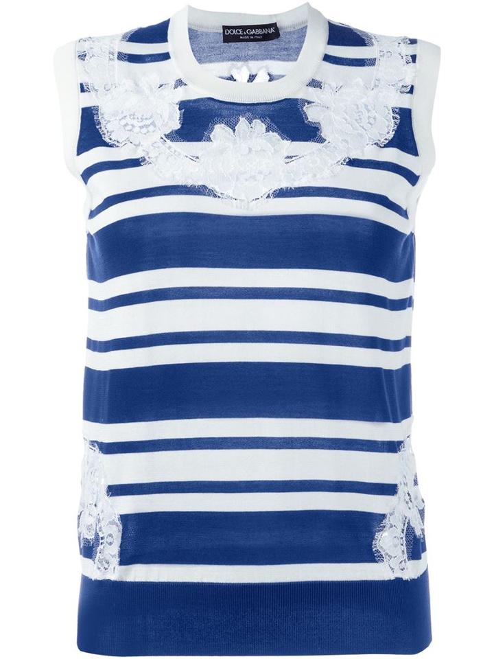 Dolce & Gabbana Lace Striped Tank Top, Women's, Size: 48, Blue, Silk