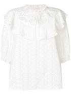 See By Chloé Eyelet Ruffle Neck Short Sleeved Top - White