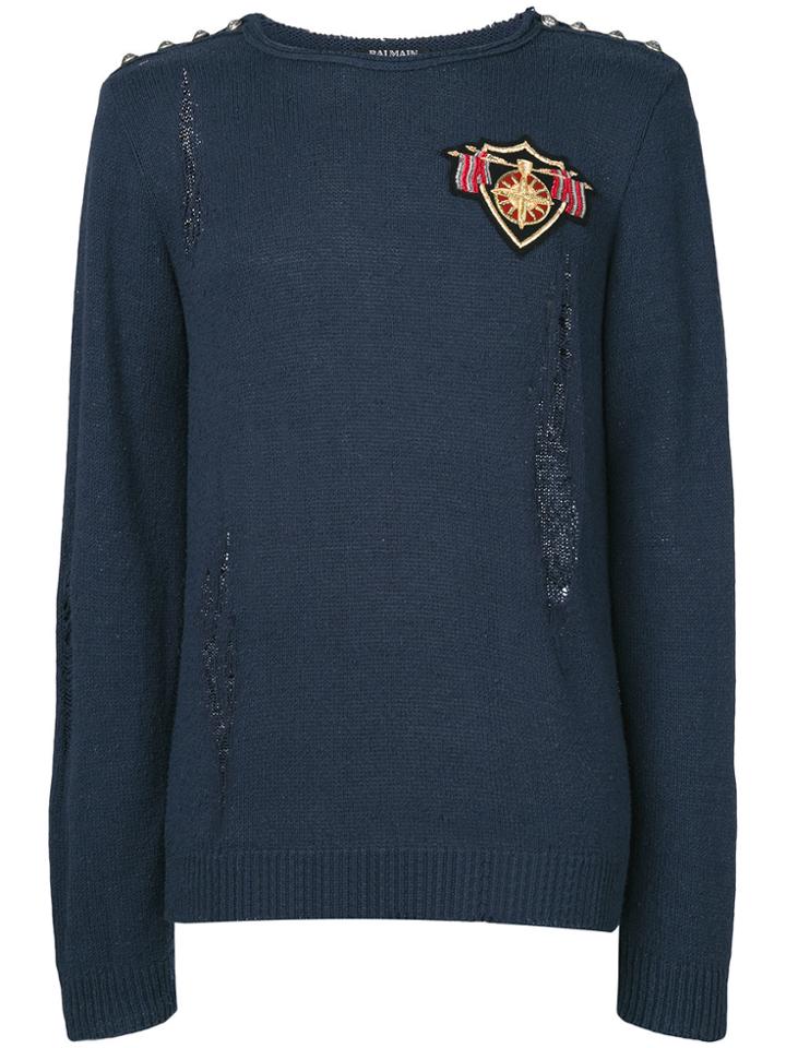 Balmain Distressed Logo Patch Sweater - Blue