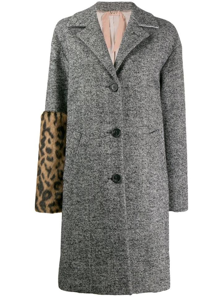 Nº21 Leopard Panel Herringbone Coat - Black