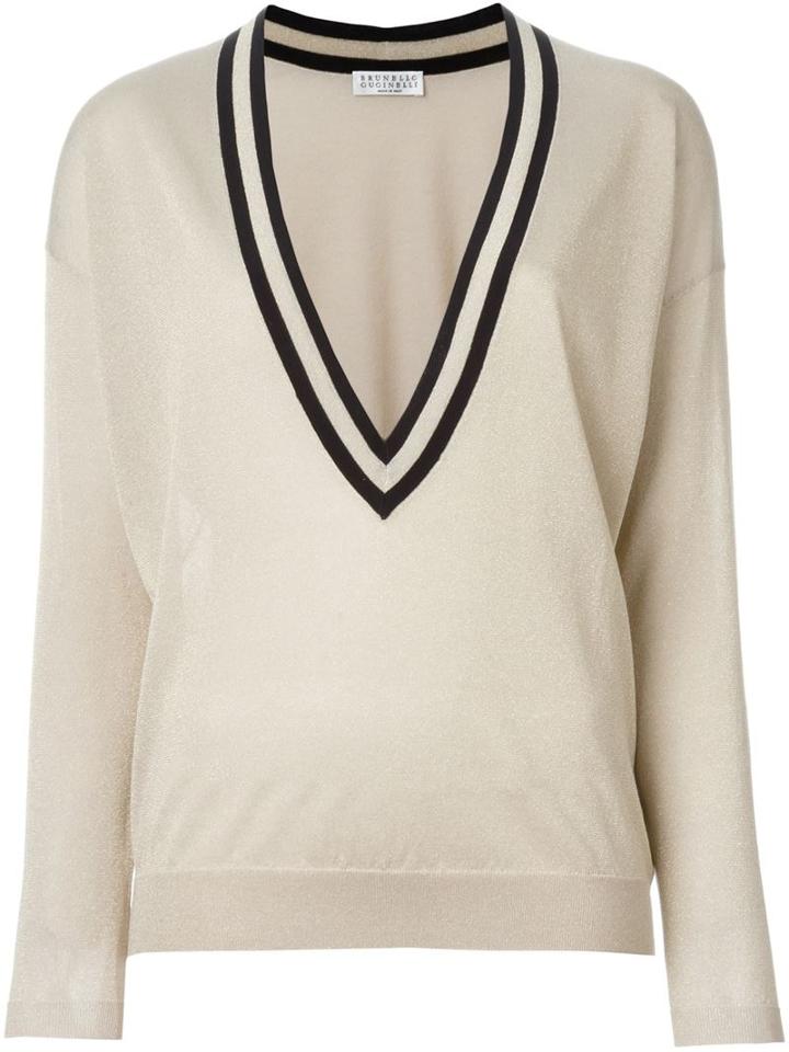 Brunello Cucinelli V-neck Sweater, Women's, Size: Xl, Nude/neutrals, Cotton/cupro/polyamide/polyester