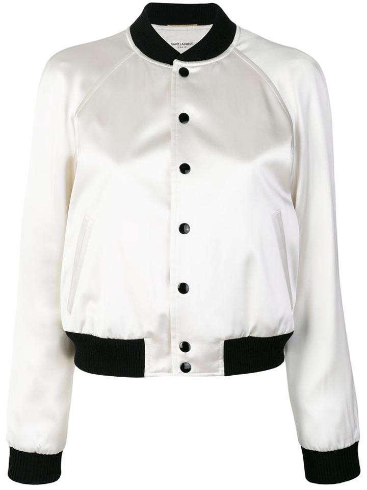 Saint Laurent Satin Serpent Print Bomber Jacket - White
