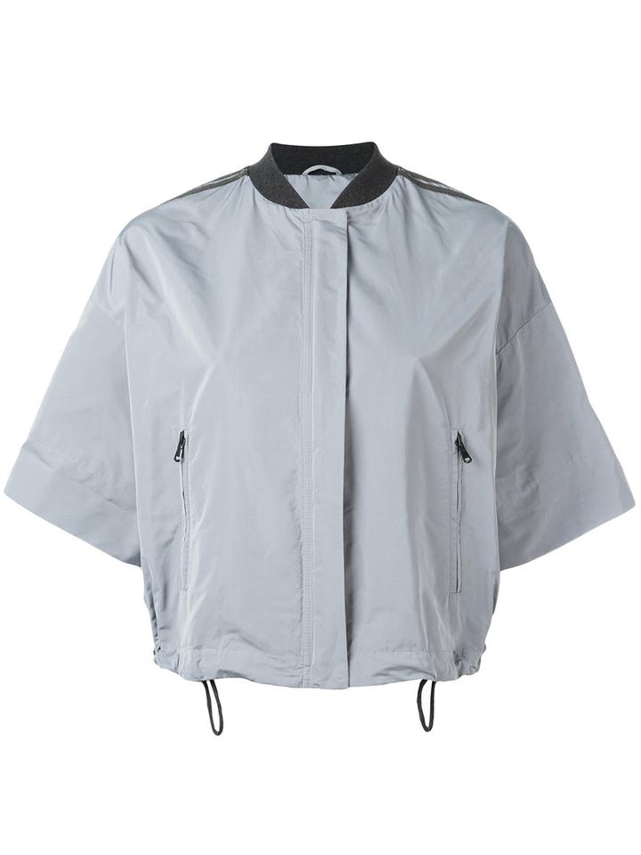 Brunello Cucinelli Shortsleeved Zipped Cropped Jacket, Women's, Size: 44, Grey, Silk/cotton/polyester