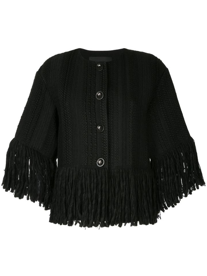 Goen.j Fringe-trimmed Stripe-woven Collarless Short Jacket - Black