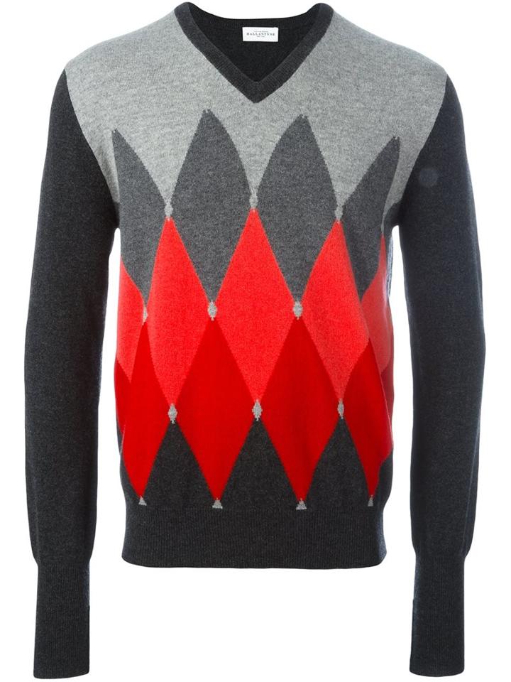 Ballantyne Rhombus Intarsia Jumper, Men's, Size: 54, Grey, Cashmere