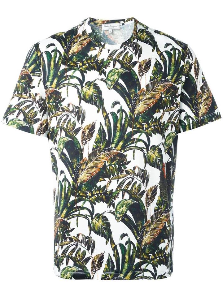 Salvatore Ferragamo Foliage Print T-shirt, Men's, Size: Large, White, Cotton