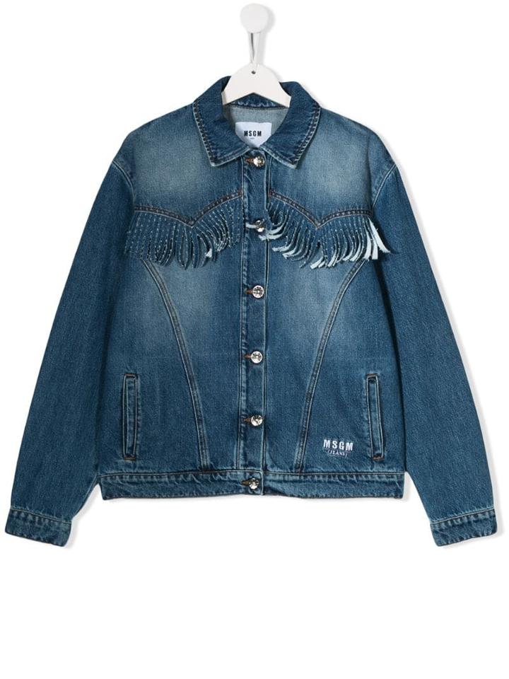 Msgm Kids Teen Fringed Denim Jacket - Blue