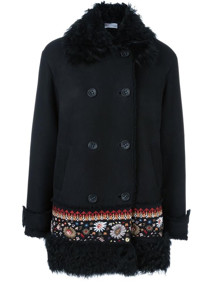 Red Valentino Embroidered Hem Double Breasted Coat, Women's, Size: 42, Black, Sheep Skin/shearling