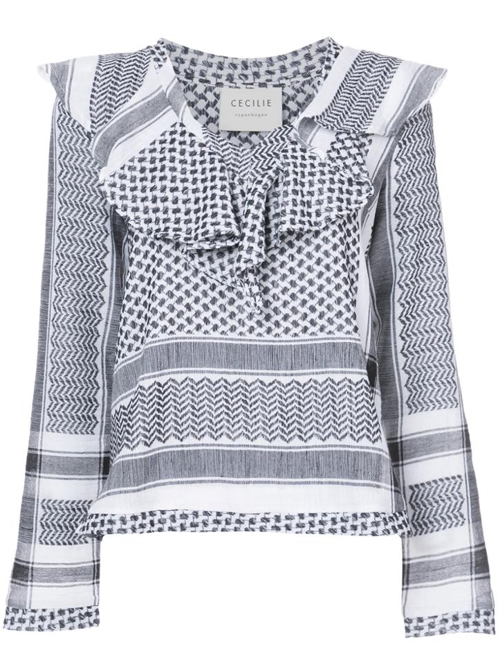 Cecilie Copenhagen Patterned Ruffle Panel Top - White