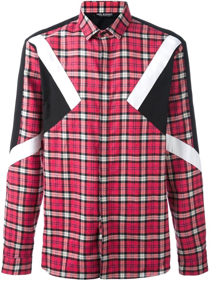 Neil Barrett Checked Patch Detail Shirt, Men's, Size: 40, Red, Cotton