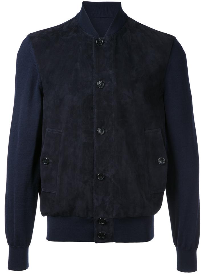 Cerruti 1881 Contrast Sleeve Bomber Jacket, Men's, Size: 52, Blue, Lamb Skin