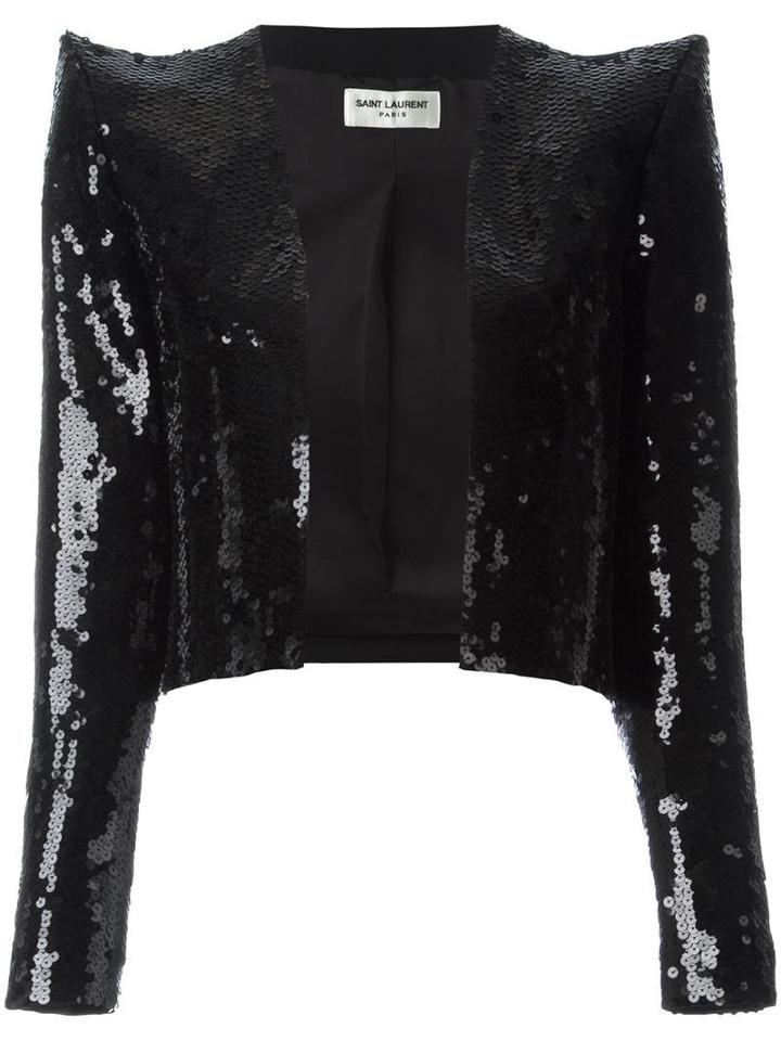 Saint Laurent Sequin Cropped Jacket, Women's, Size: 38, Black, Polyester/acetate/viscose