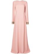 Rochas Open Back Embroidered Sleeve Gown - Nude & Neutrals