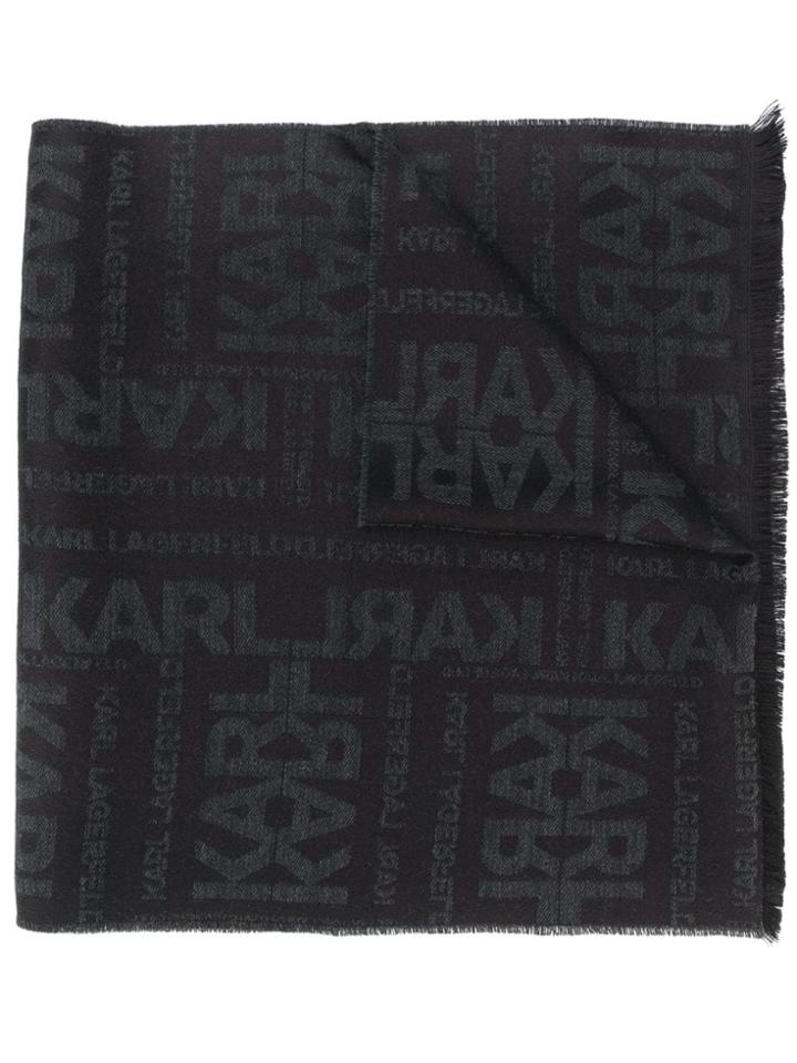 Karl Lagerfeld Logo Print Fringed Scarf - Black