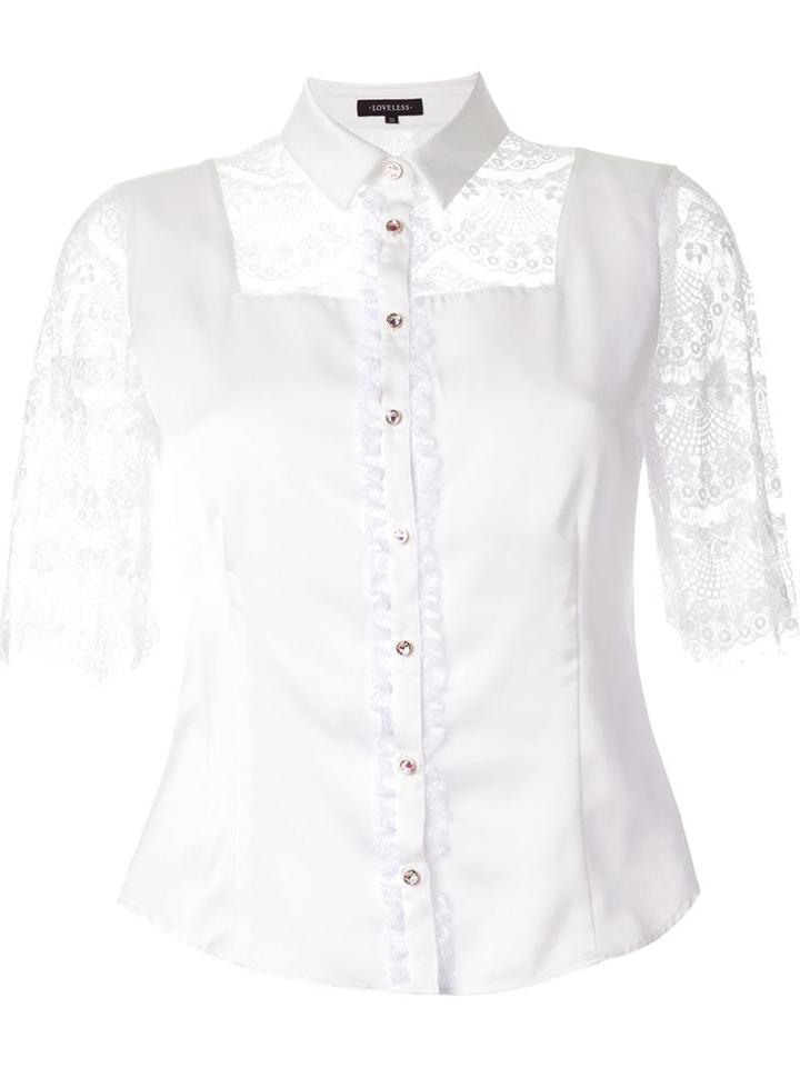 Loveless Lace Panel Short Sleeve Button Down Shirt, Women's, Size: 34, White, Polyester