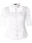 Loveless Lace Panel Short Sleeve Button Down Shirt, Women's, Size: 34, White, Polyester