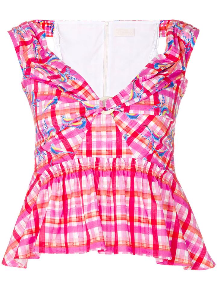 Peter Pilotto - Bardot Checked Bustier Blouse - Women - Cotton/polyamide/spandex/elastane - 10, Pink/purple, Cotton/polyamide/spandex/elastane