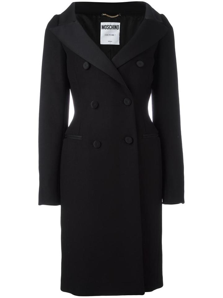 Moschino Slim Fit Double Breasted Coat, Women's, Size: 40, Black, Polyamide/polyester/rayon/virgin Wool