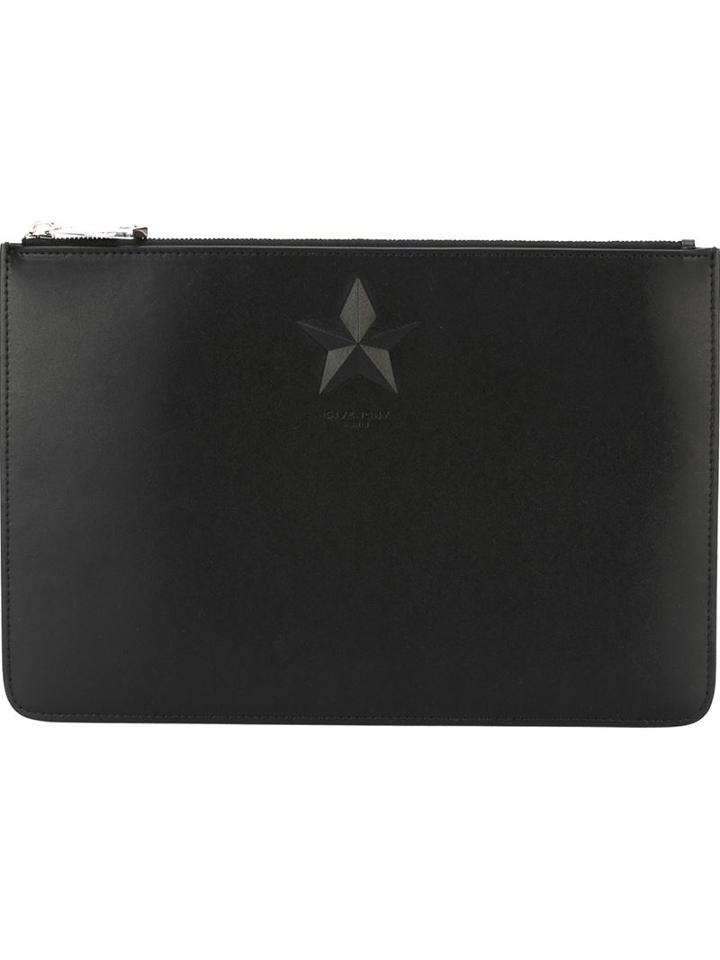 Givenchy Star Embossed Clutch, Adult Unisex, Black, Calf Leather
