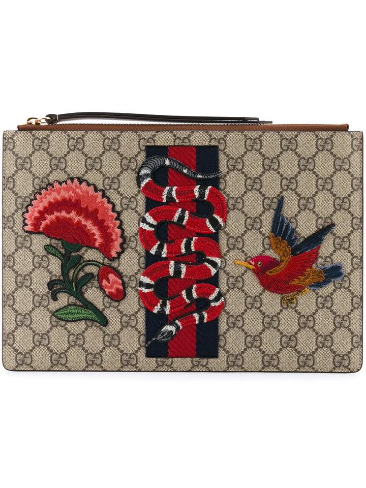 Gucci - 'gg Supreme' Embroidered Pouch - Unisex - Calf Leather/canvas - One Size, Nude/neutrals, Calf Leather/canvas