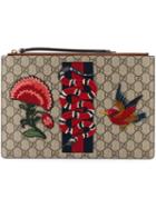 Gucci - 'gg Supreme' Embroidered Pouch - Unisex - Calf Leather/canvas - One Size, Nude/neutrals, Calf Leather/canvas
