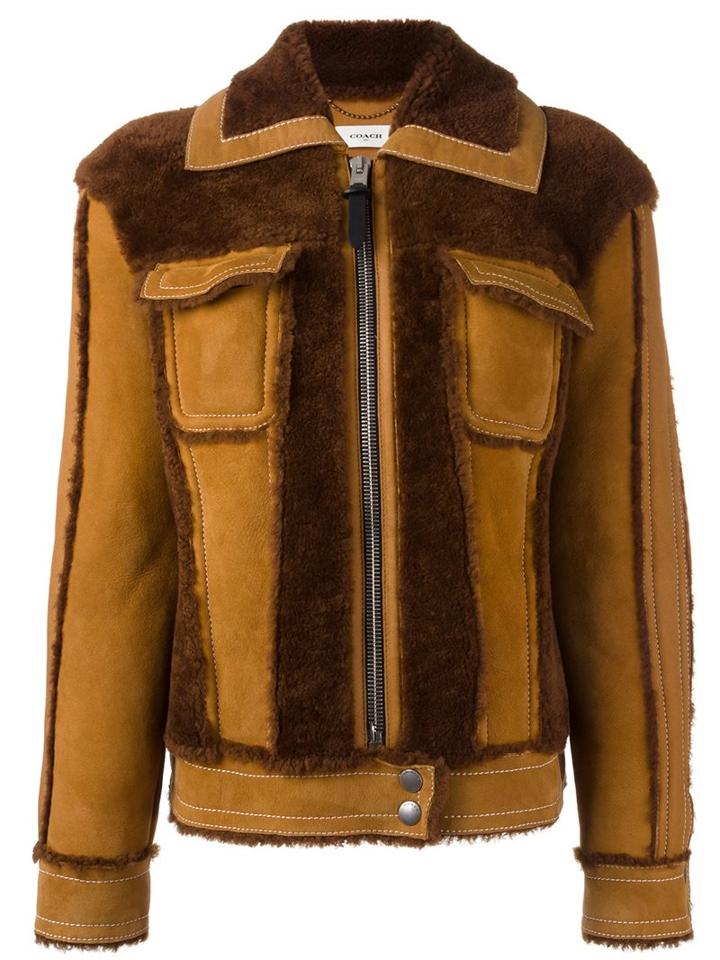 Coach Zipped Jacket, Women's, Size: 4, Brown, Lamb Skin/lamb Fur