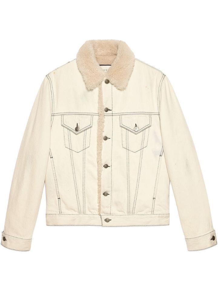 Gucci Shearling Lined Denim Jacket With Sketch Snake Print - Neutrals