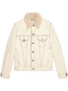 Gucci Shearling Lined Denim Jacket With Sketch Snake Print - Neutrals