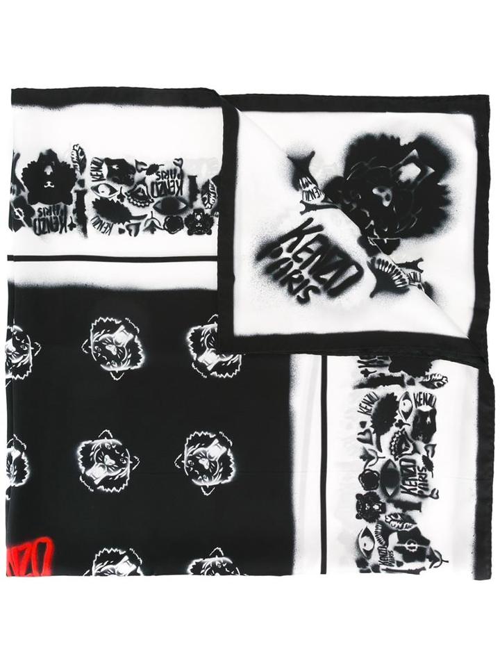 Kenzo Spray Paint Effect Multi Icon Scarf, Women's, Black, Silk