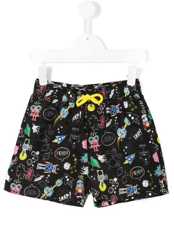 Fendi Kids - Space Robots Swim Shorts - Kids - Polyester - 2 Yrs, Black