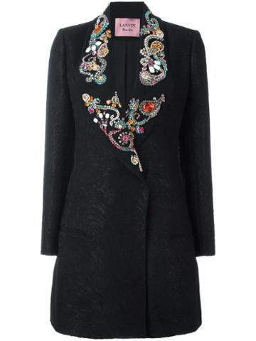 Lanvin Embellished Lapel Marbled Coat, Women's, Size: 38, Black, Wool/polyamide/glass/cotton