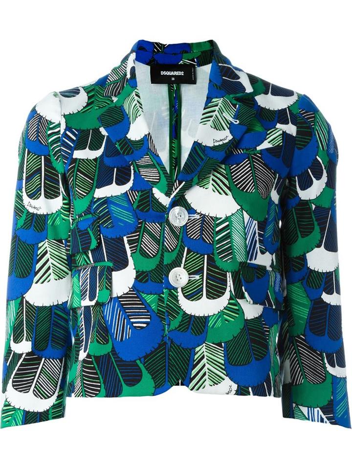 Dsquared2 Feather Print Short Jacket, Women's, Size: 44, Green, Cotton/spandex/elastane/polyester