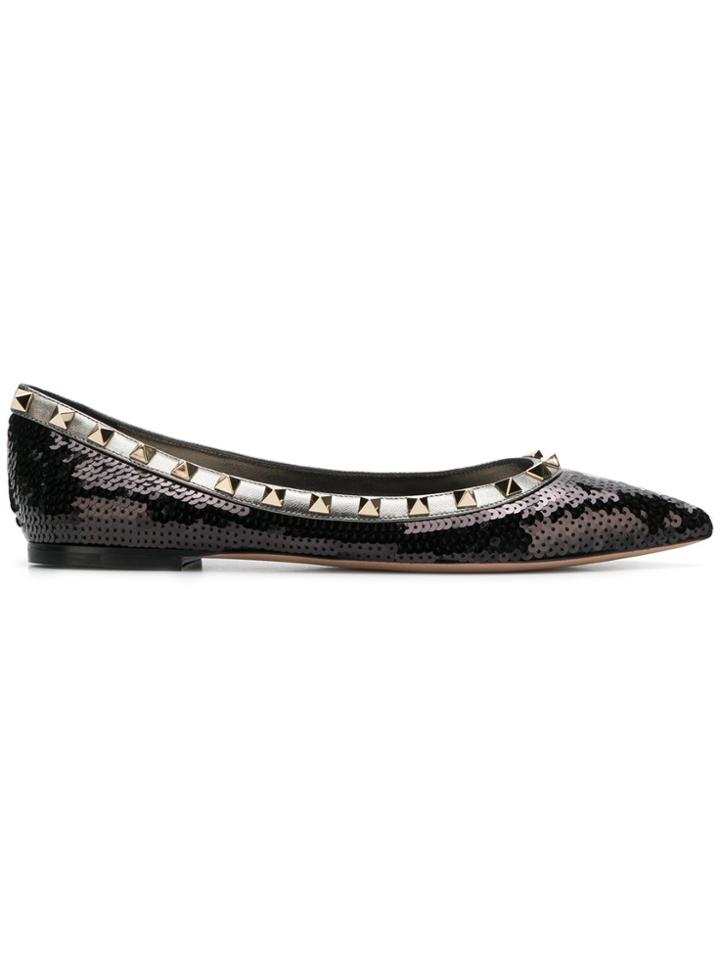 Valentino Sequined Rockstud Ballerina Flats - Black