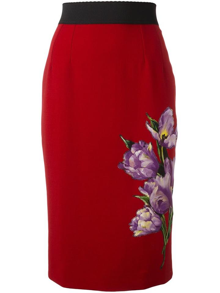 Dolce & Gabbana Tulip Appliqué Skirt, Women's, Size: 40, Red, Silk/spandex/elastane/virgin Wool